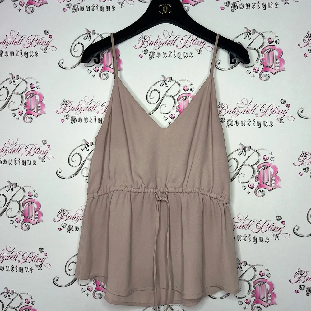 Babaton Aritzia blouse flowy tie at waist taupe brown tan chemise luxury 2000s